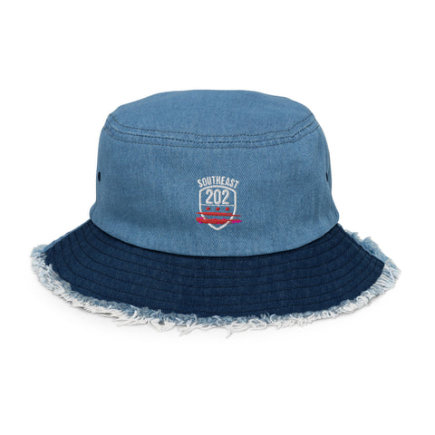 "Southeast Washington DC / 202 Emblem"-Distressed denim bucket hat