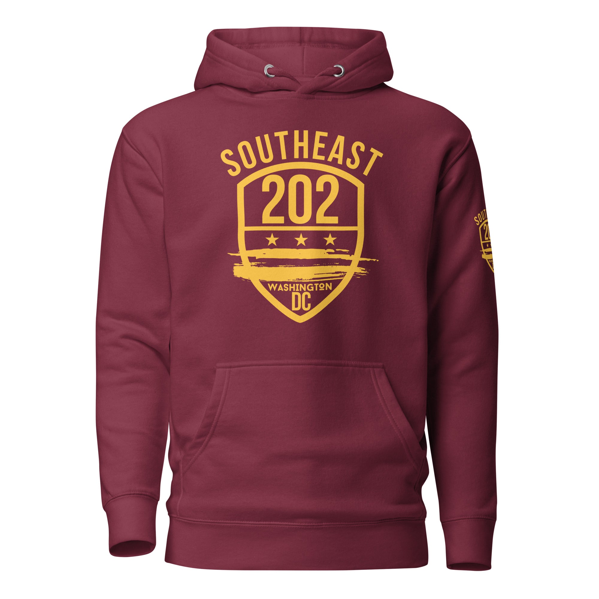 'SOUTHEAST WASHINGTON DC / 202' (Emblem-Southeast on RT Sleeve) - Maroon & Gold - %100 Cotton Unisex Hoodie